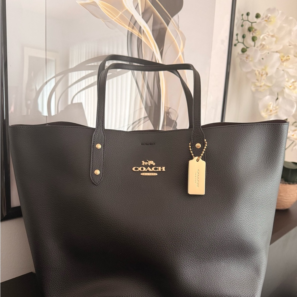 Coach Black Pebbled Leather Tote with Gold Tag